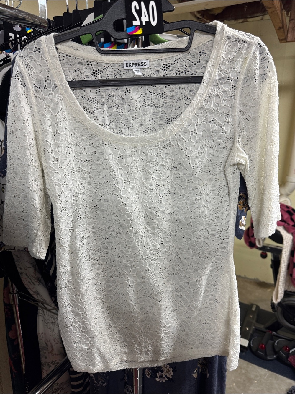 Express Cream Floral Lace Scoop Neck Top